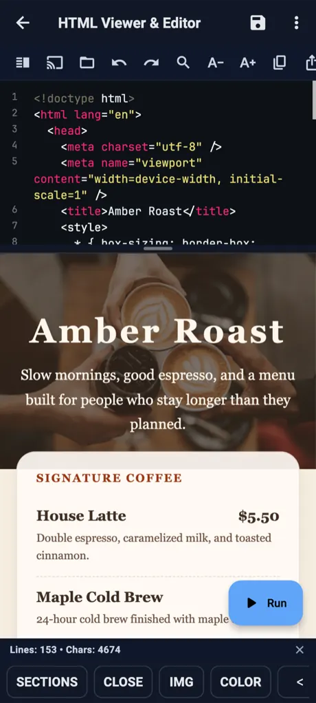 HTML Viewer & Editor on Android: page source above, the rendered page below