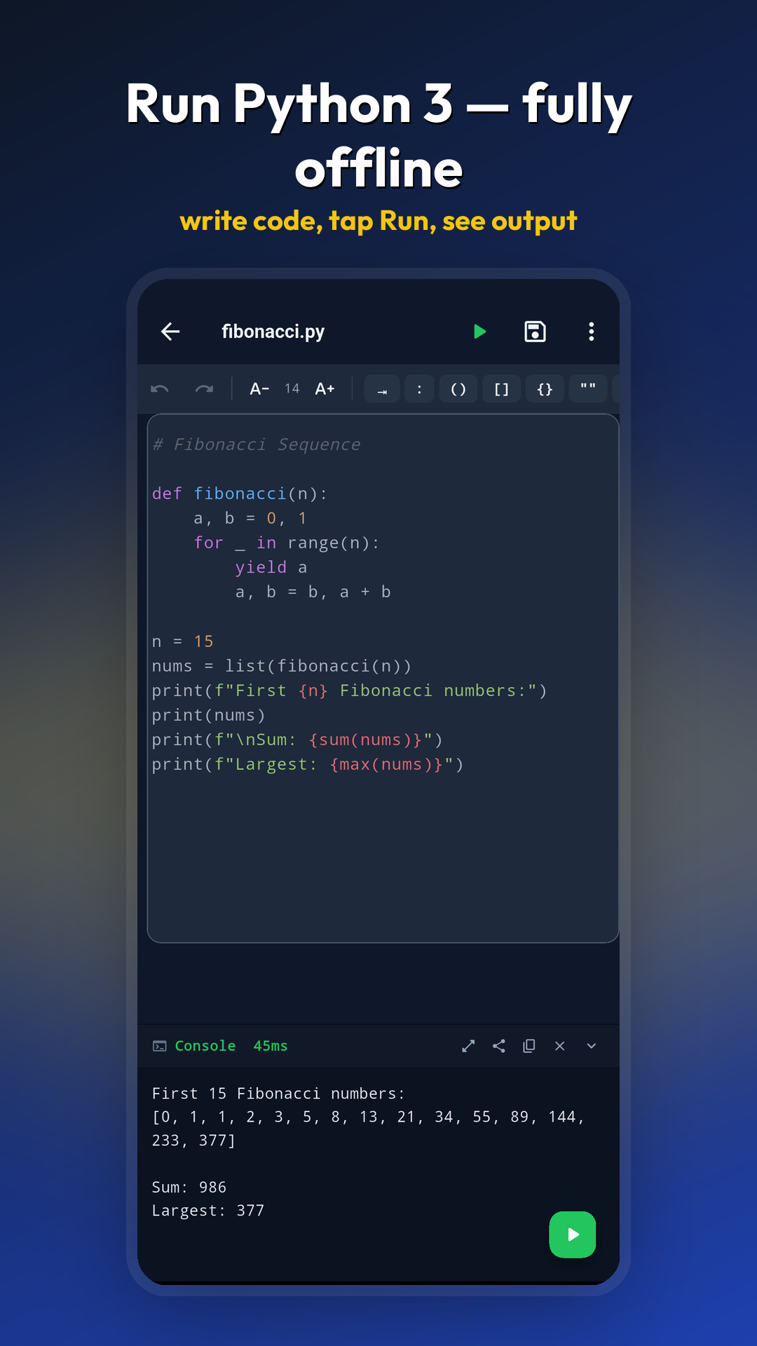 Python editor running code with live console output