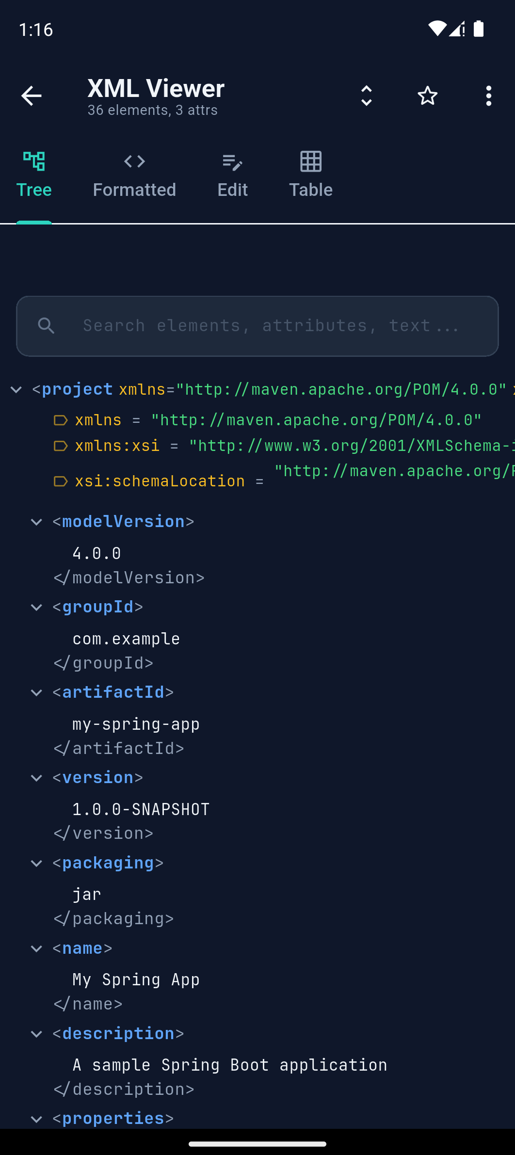 XML Viewer tree view with syntax-highlighted XML